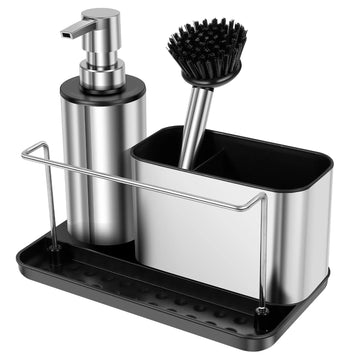 organisateur évier moderne distributeur savon pompe brosse vaisselle compartiment éponge support torchons argentés minimaliste