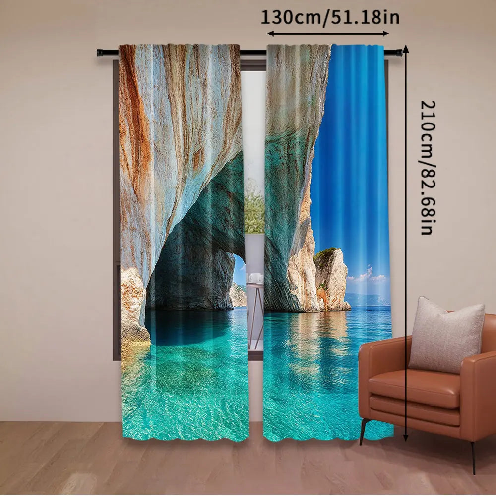 rideau bleu paysage marin moderne semi opaque polyester 75x166cm 105x230cm 130x210cm