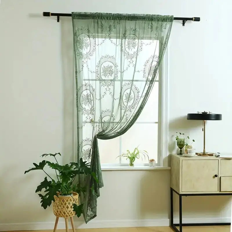 rideau voilage floral blanc gris vert pastorale polyester translucide tringle chambre salon