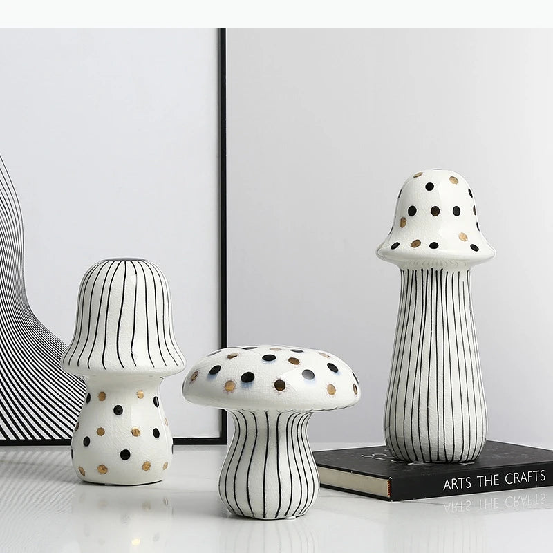décoration intérieure moderne statue champignon peint rayures pois or blanc noirscrição abstraite contemporaine