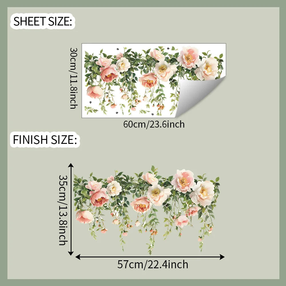 autocollant mural floral rose blanc vert feuilles fleurs adhésif pièce chambre salon intérieur