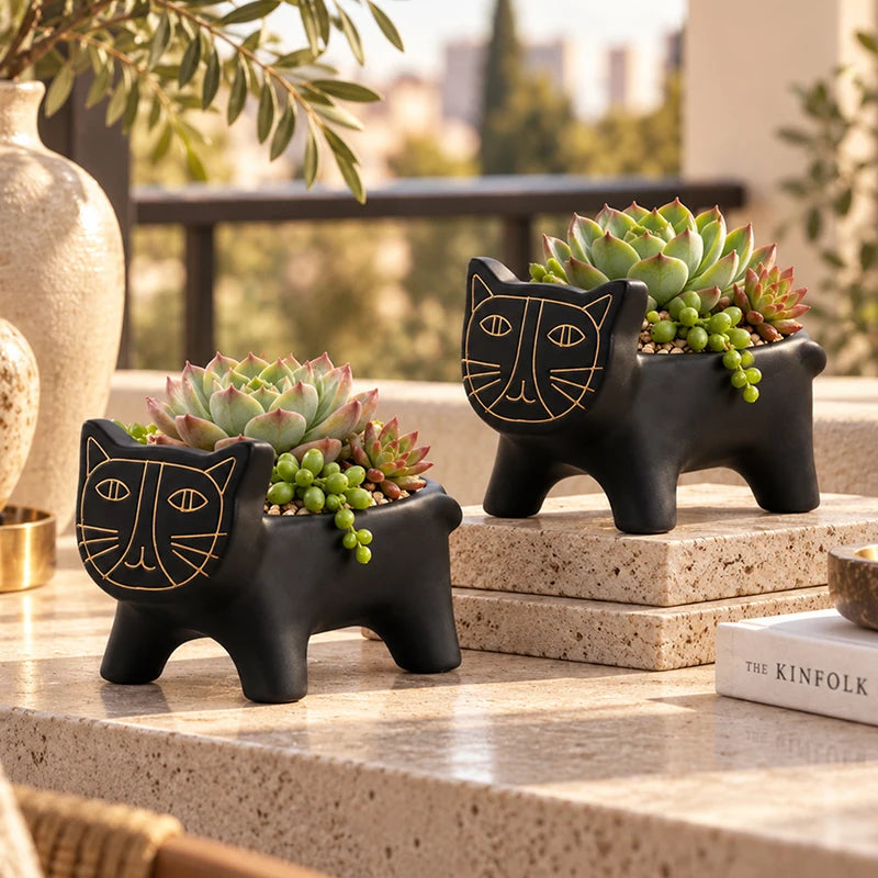 cache pot résine chat doré moderne plante verte décoration intérieure succulente face animé