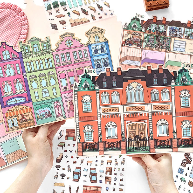 puzzle multicolore art deco détails bâtiments adhésif pièces boite rangement lunettes