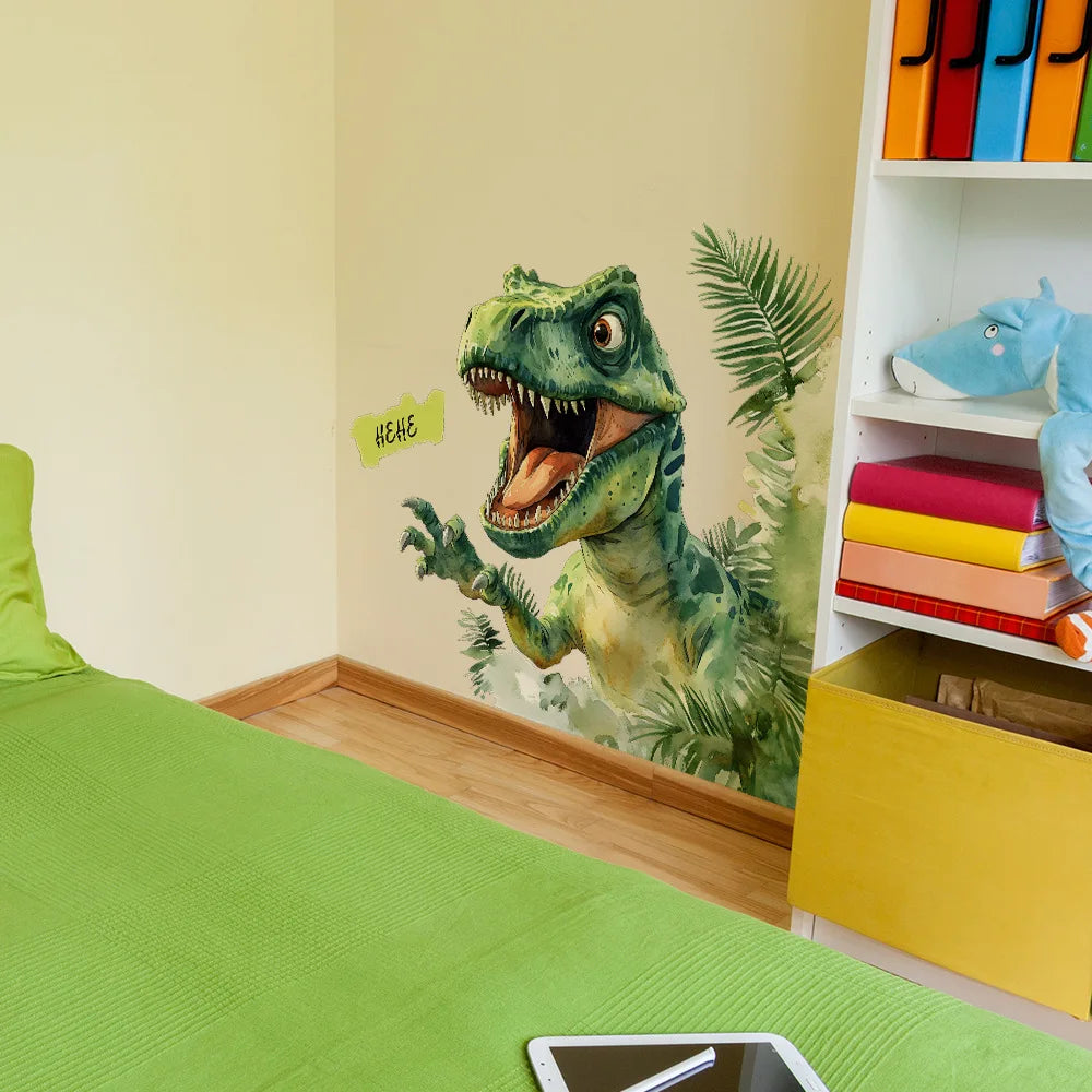 autocollant mural dinosaure dessin animé feuilles vert jaune blanc chambre enfants décoration maison adhesive