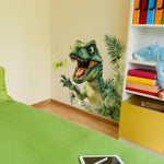 autocollant mural dinosaure dessin animé feuilles vert jaune blanc chambre enfants décoration maison adhesive