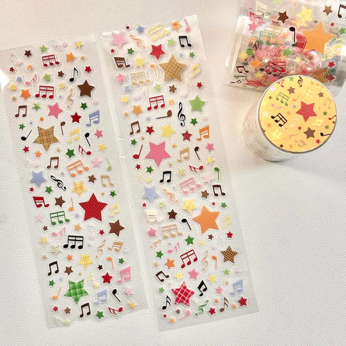 rubans autocollants transparents multicolores étoiles notes musicales cercles coeurs enfantins