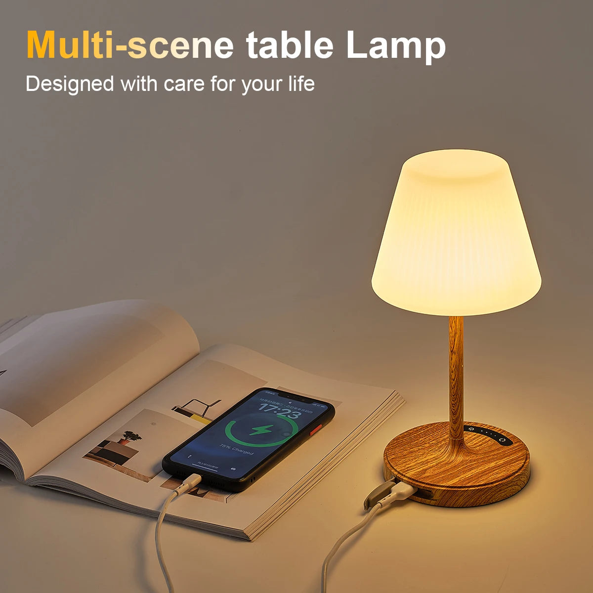 lampe table veilleuse led rechargeable blanc bois moderne abatjour plissé minimaliste base plate câble