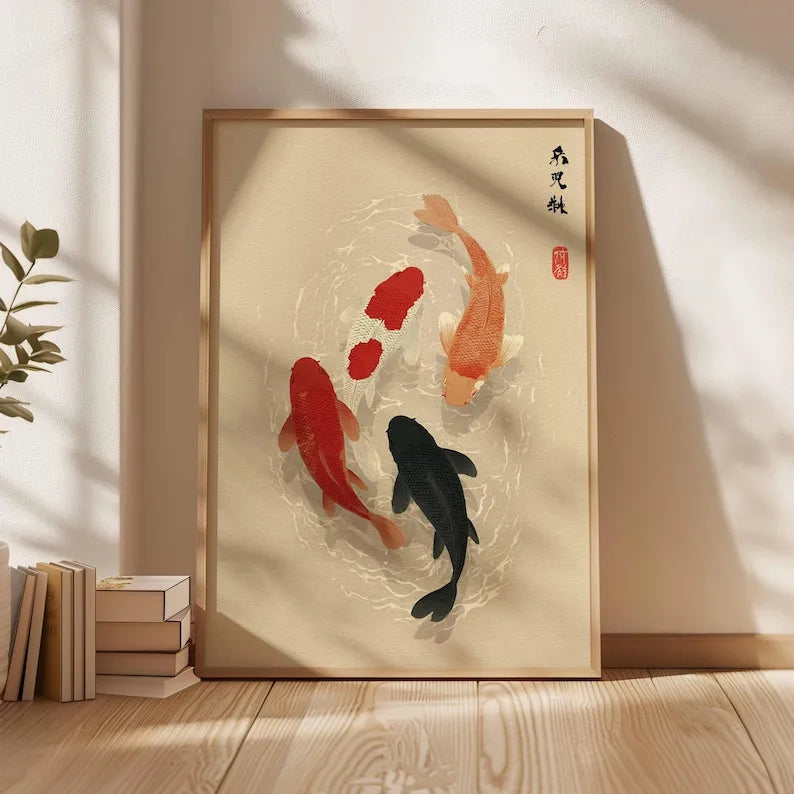 tableau moderne poissons stylisés cercle minimaliste couleur rouge noir beige décoration salon chambre sans