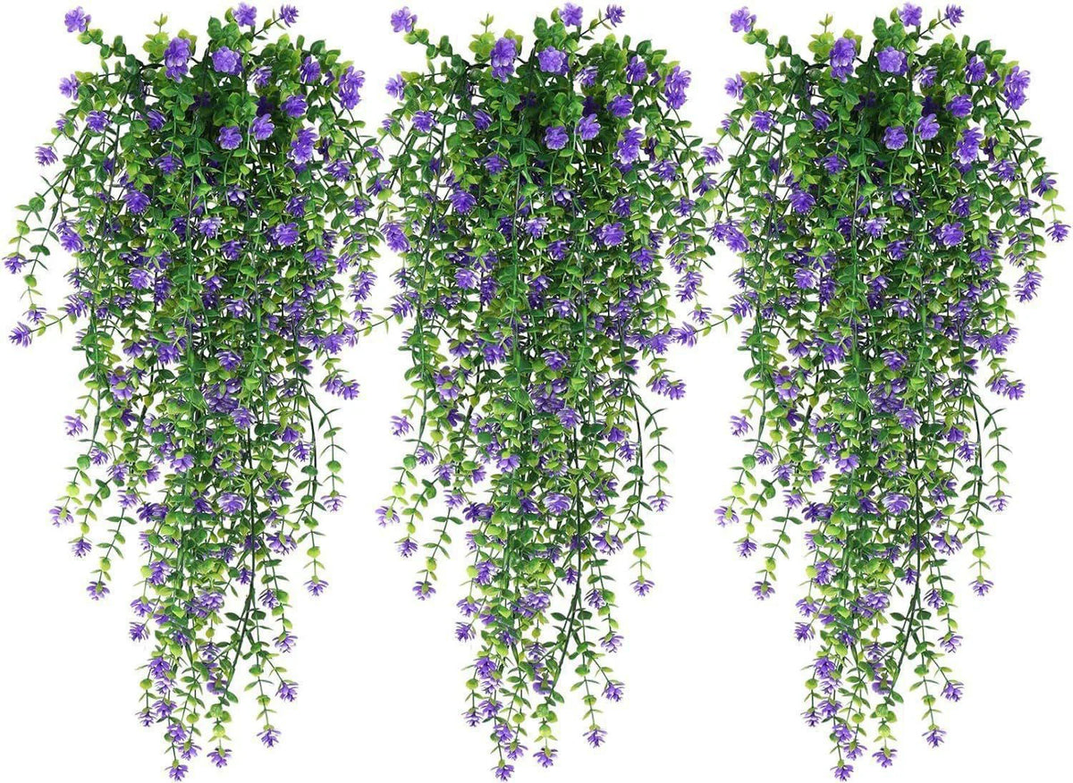 plantes suspendues artificielles fleurs vertes feuilles eucalyptus moderne extérieur accrochées chaînes métalliques