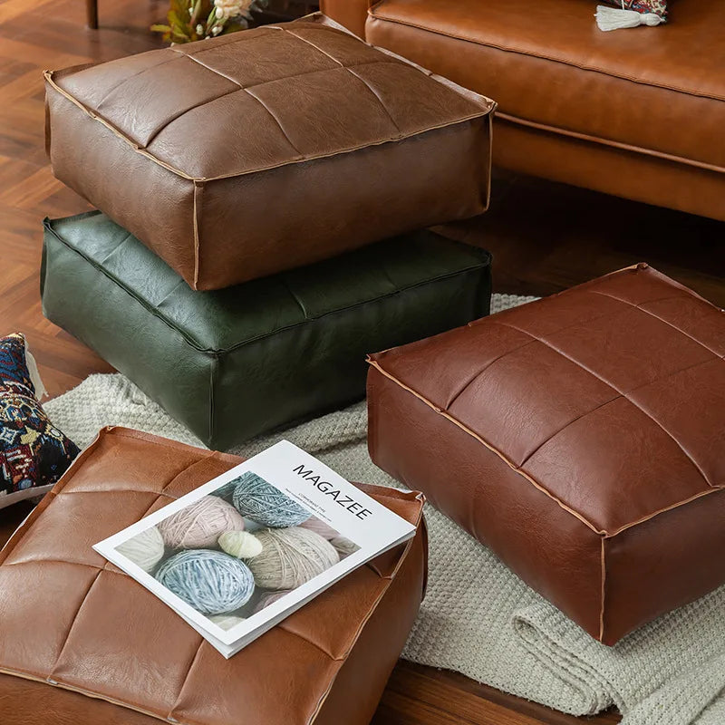 pouf carré cuir marron clair marron foncé vert olive moderne vintage