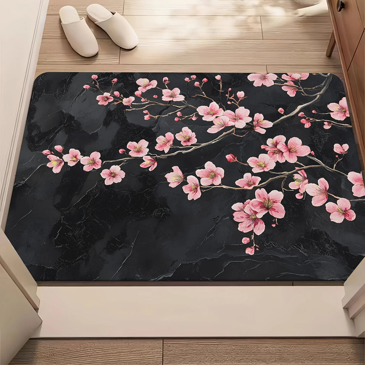 tapis sol antidérapant polyester moderne fleurs cerisier marbre noir rose salon chambre