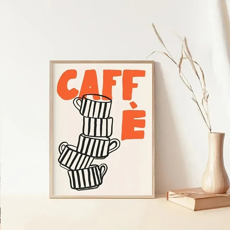 impression toile caffè tasses empilées graphique moderne abstraite mur decoration beige orange noir blanc