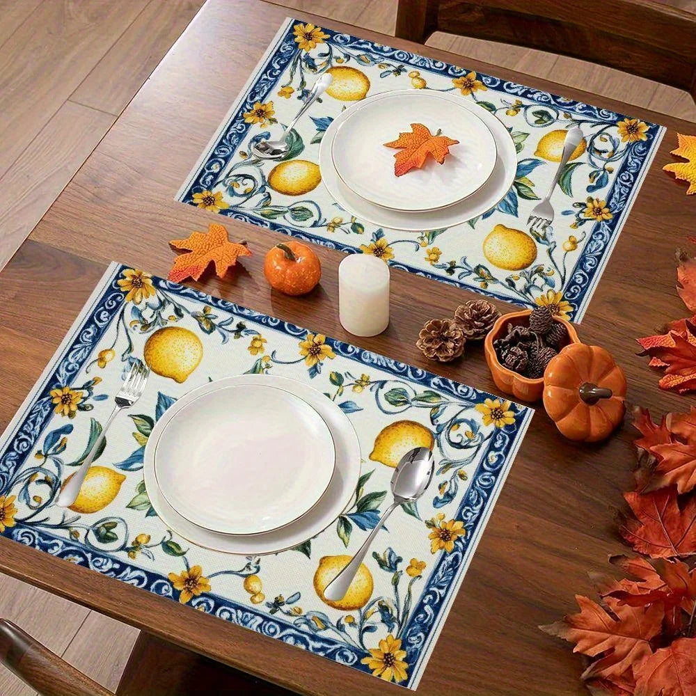 serviettes table motif floral citron blanc bleu jaune vert classiques 30x40cm opaques automnales
