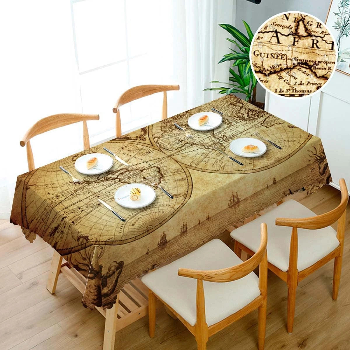 nappe table imperméable carte monde vintage beige marron gravure cartographique réutilisable polyester moderne rectangle