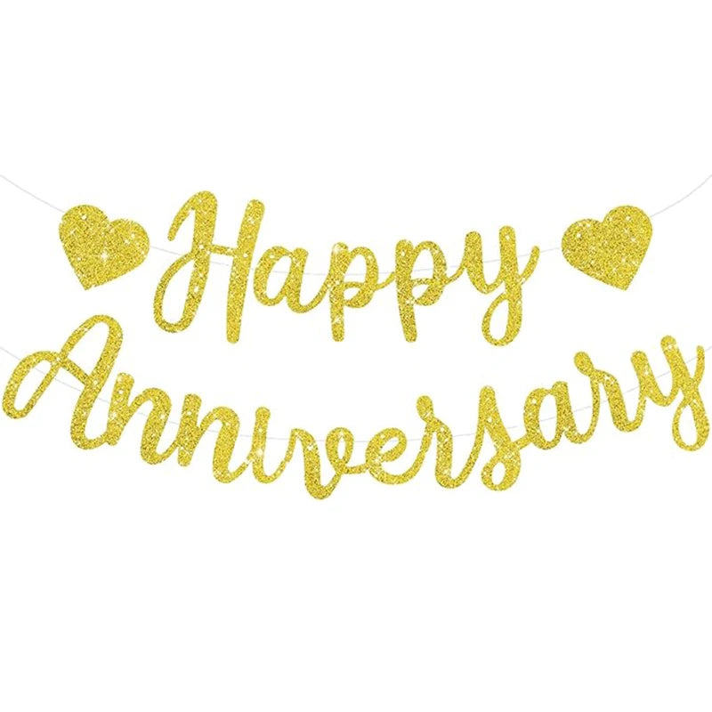 guirlande décorative happy anniversary lettres pailletées coeurs ballons cadeaux gâteau bougies festifs rouge or