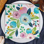 serviettes papier fleur aquarelle blanc rose bleu turquoise vert printanier