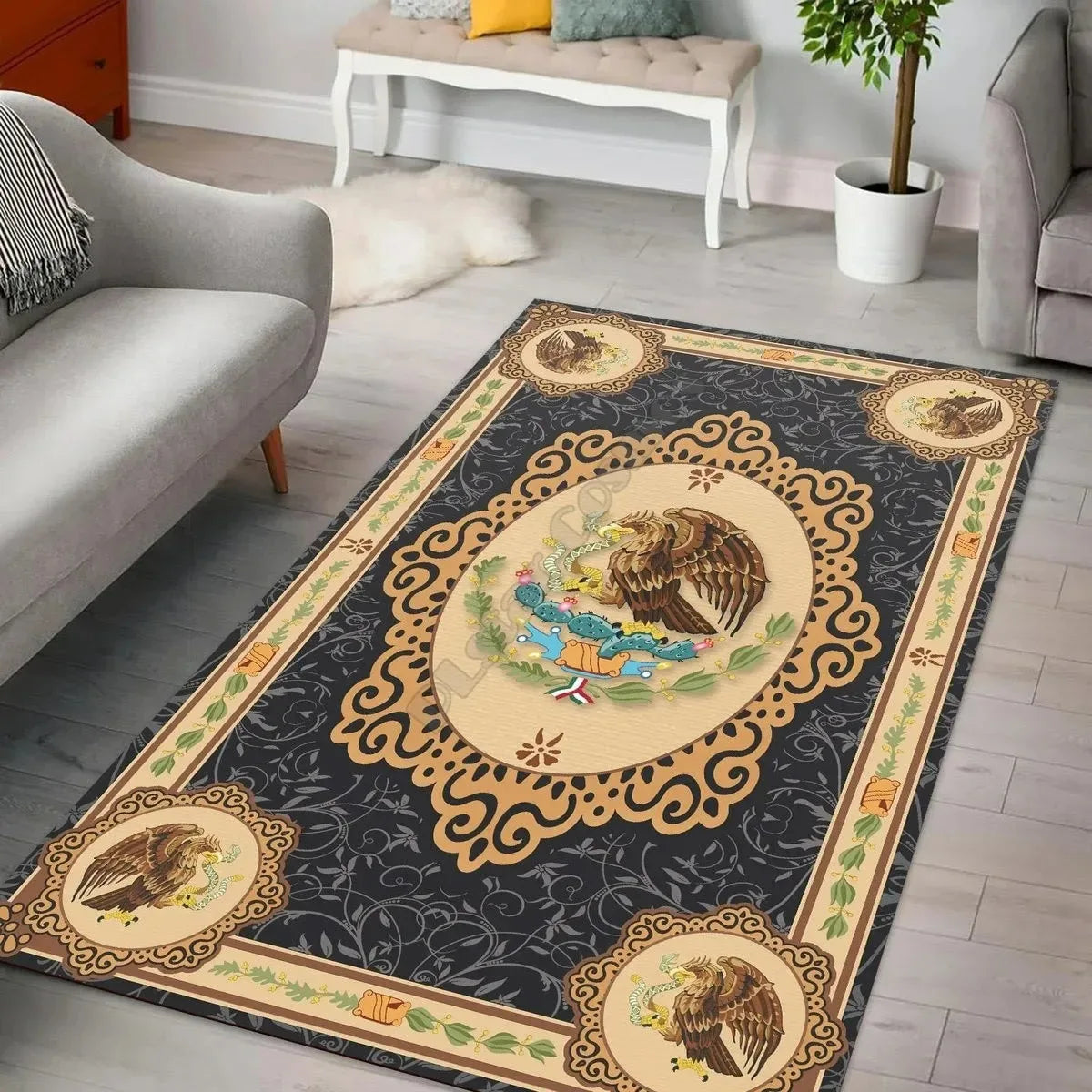 tapis armoiries bleu doré classique salon chambre extérieur 120x160cm polyester lavable