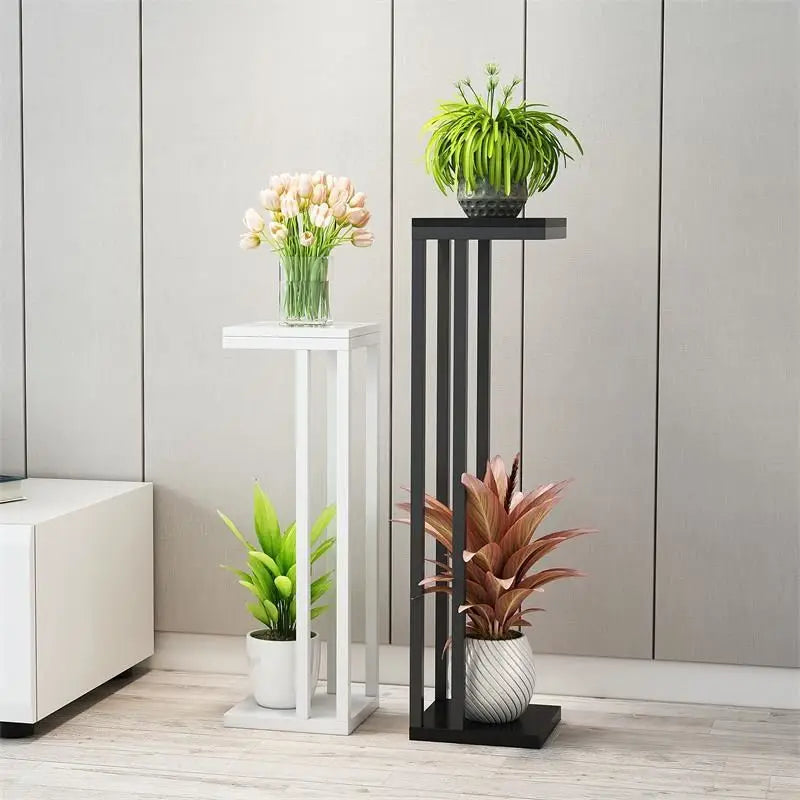 support plante moderne structure double couche blanc noir bois transparent minimaliste plateaux verre