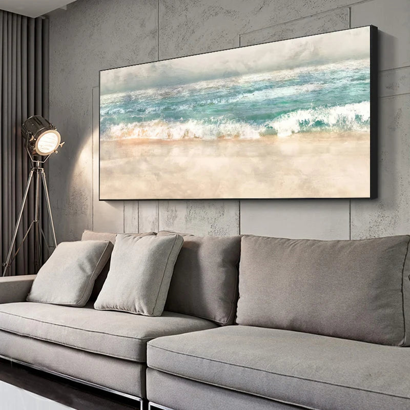 tableau abstrait paysage marin moderne toile bleu blanc nuages sans cadre