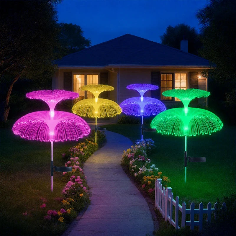 décoration extérieure moderne lampes solaires led violet jaune bleu vert fibres optiques gazon champignons