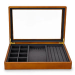 boîte bijoux bois marron clair intérieur beige simili cuir rangement display stackable organizer anneaux