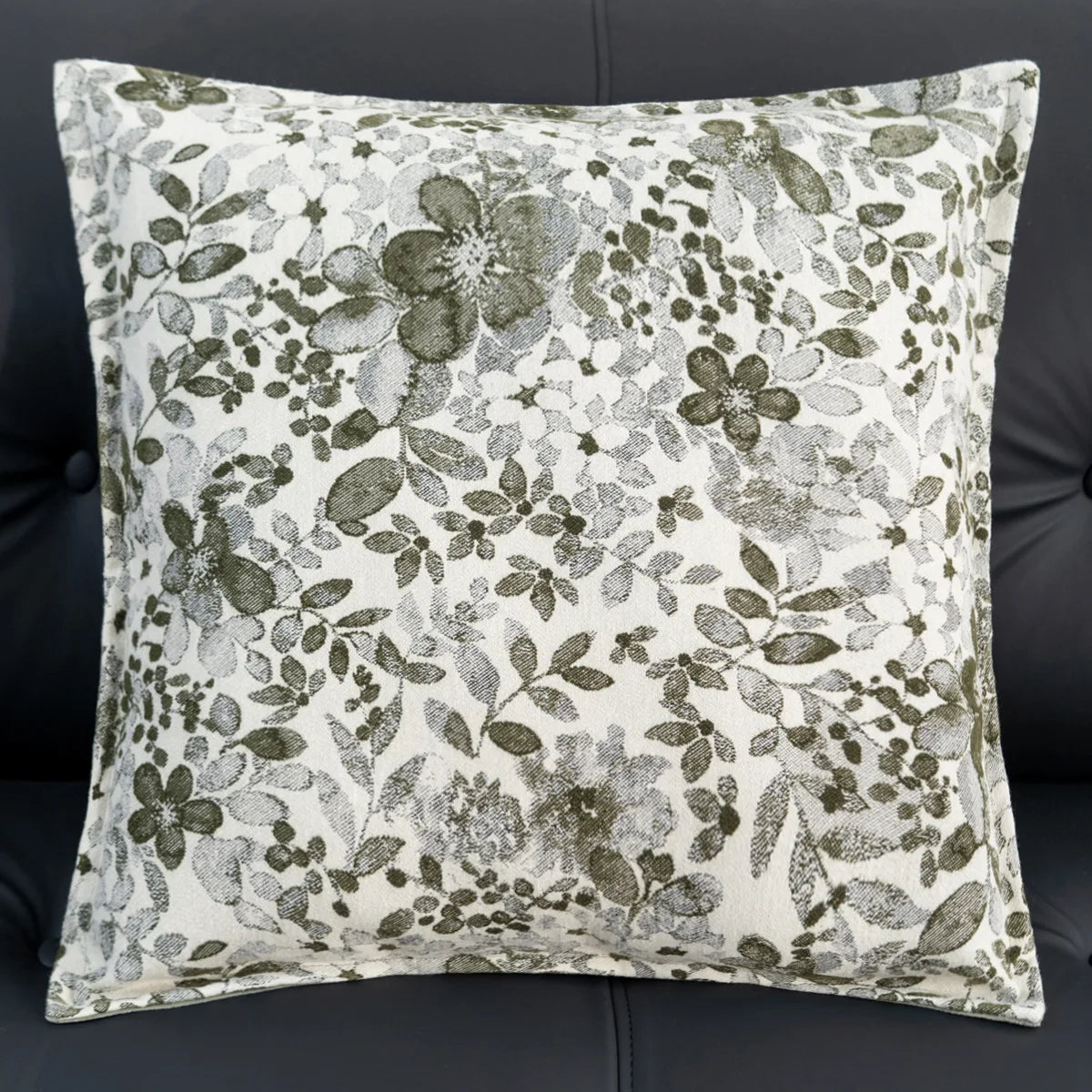 coussin deco vert olive motif floral moderne polyester jacquard adhesif 45x45cm 30x50cm