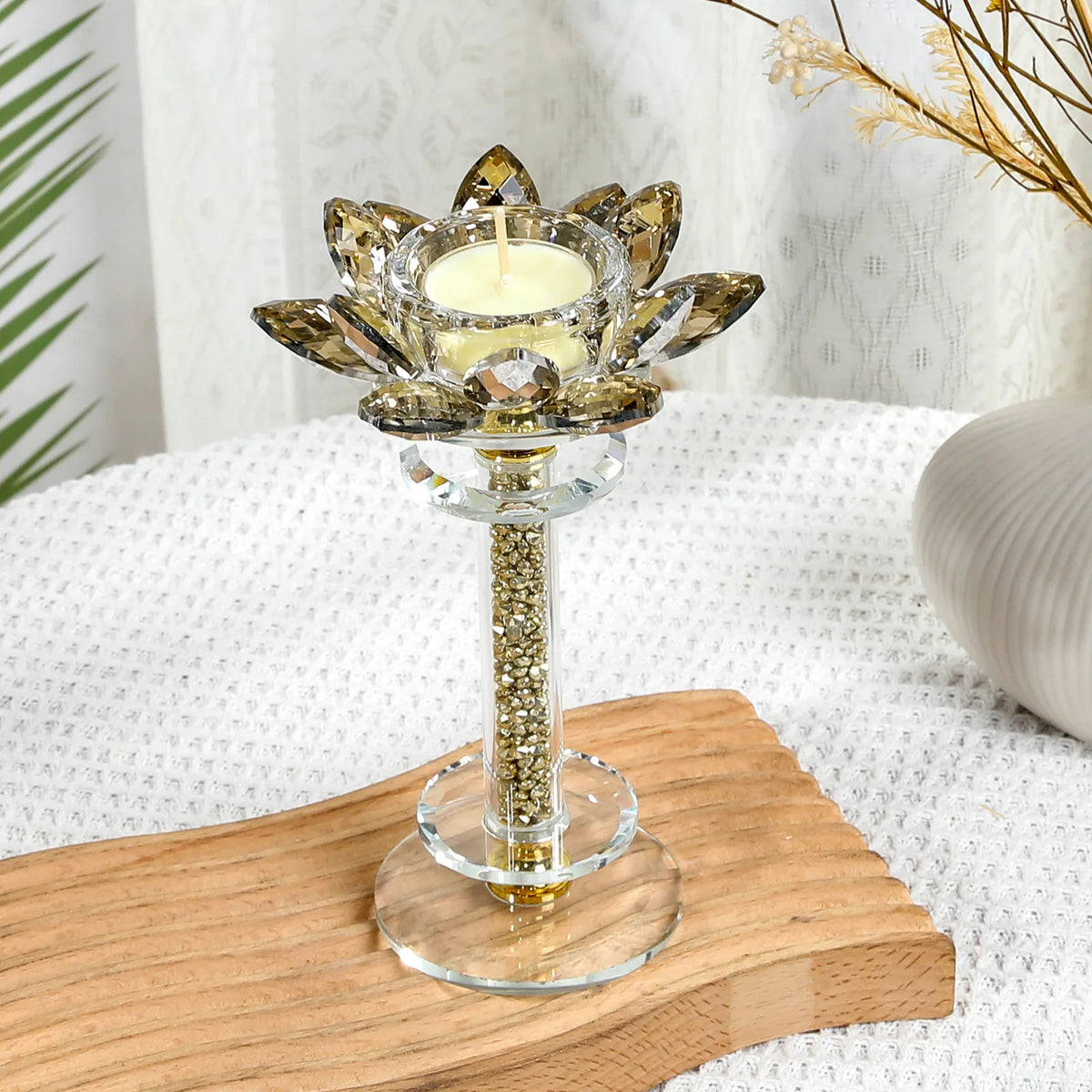 support bougie transparent fleurs lotus doré élégant moderne zen intérieur décoration sophistiquée lumineux chambre