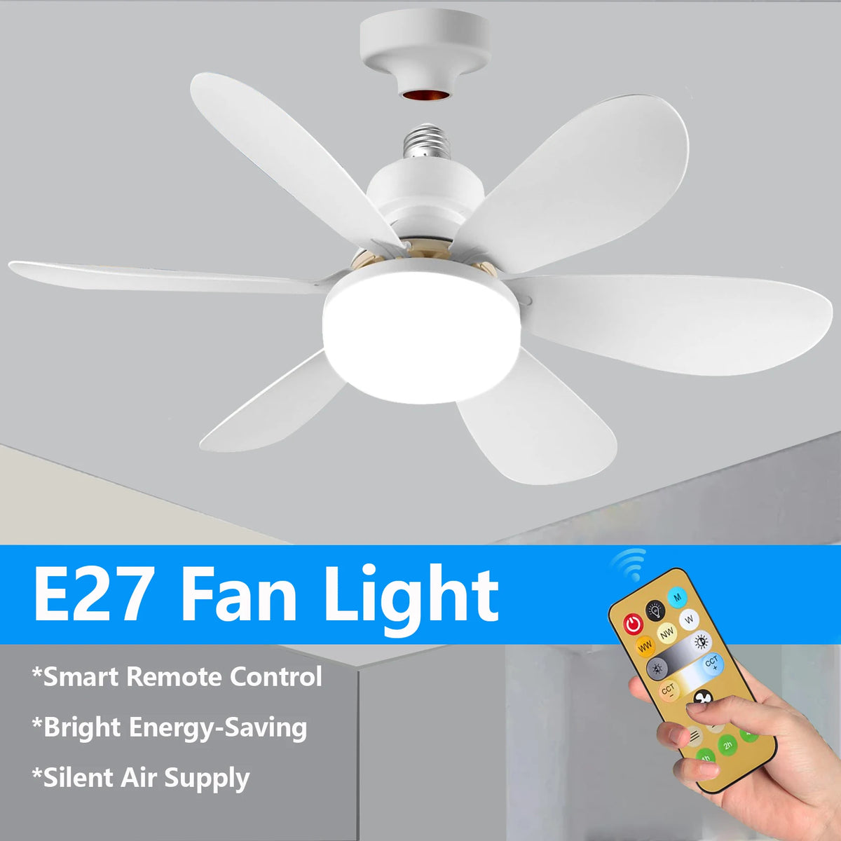 ventilateur plafonnier lumière led moderne blanc télécommande fixations ampoule e27 contemporain