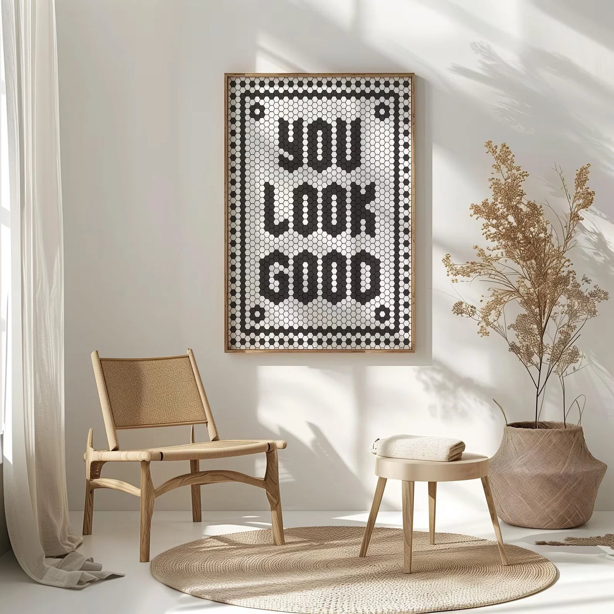 affiche murale hexagone moderne minimaliste noir blanche points bordure rectangle vertical