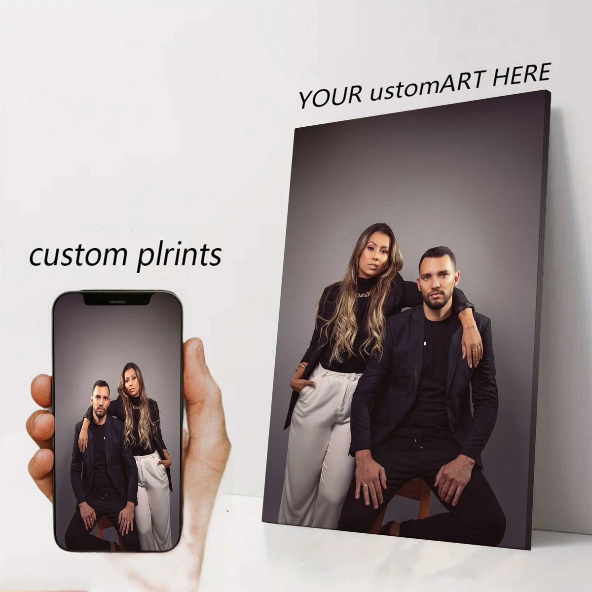 toile d'art personnalisée photo couple souriant moderne blanc gris bleu beige noir cadre bois