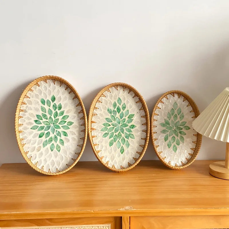 assiettes ovales rotin mosaïque coquillages boho rustique multicolore thé collations