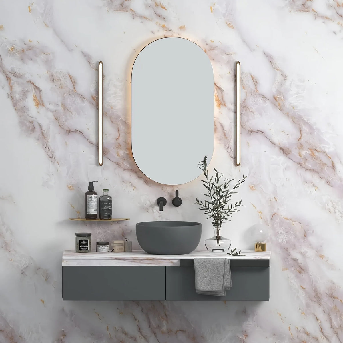 panneau decoratif mural marbre veines dorées moderne adhésif blanc beige or resistant eau