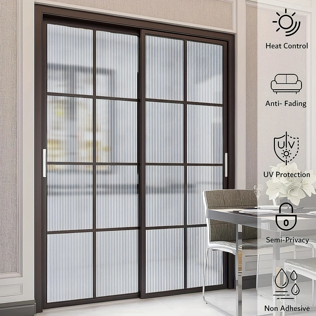 film fenêtre pvc rayures verticales blanc translucide moderne adhésif isolation thermique uv protection décoration