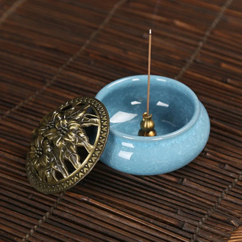 brûleur encens céramique effet craquelé bleu rouge noir vintage artisanal aromatique
