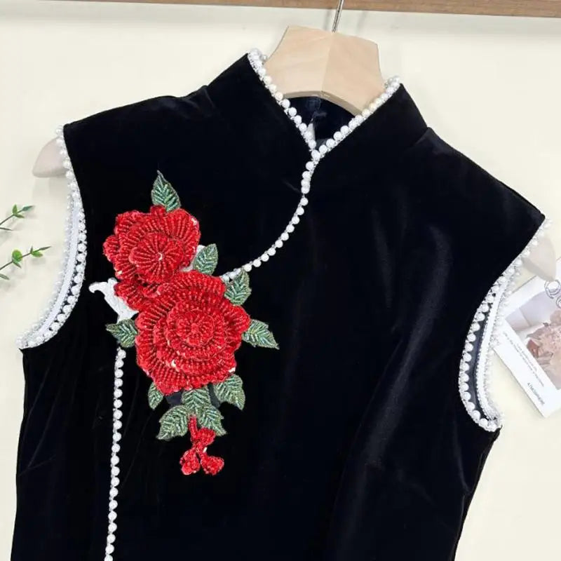 Patch brodé broderie florale rouge adhésif chaud couture décoration artisanat DIY femme homme