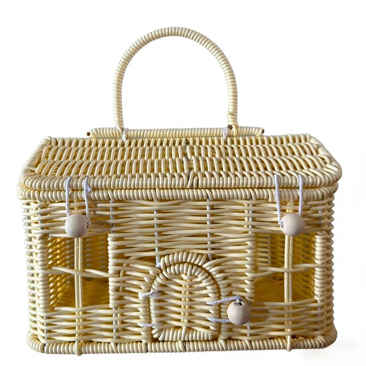 panier rangement osier motif maison fenêtres porte vintage bleu vert rose marron beige poignée