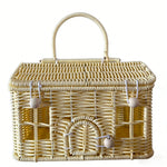 panier rangement osier motif maison fenêtres porte vintage bleu vert rose marron beige poignée