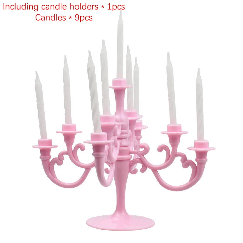 décoration anniversaire bougeoir or argent rose classique cinq branches tiges blanches base plate