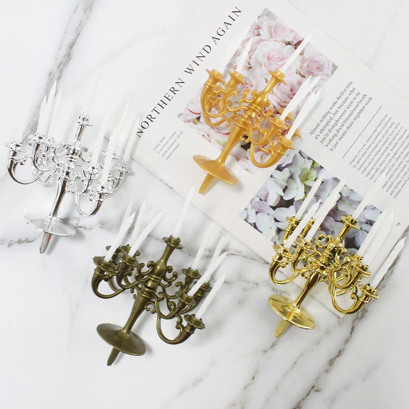 décoration anniversaire bougeoir or argent rose classique cinq branches tiges blanches base plate