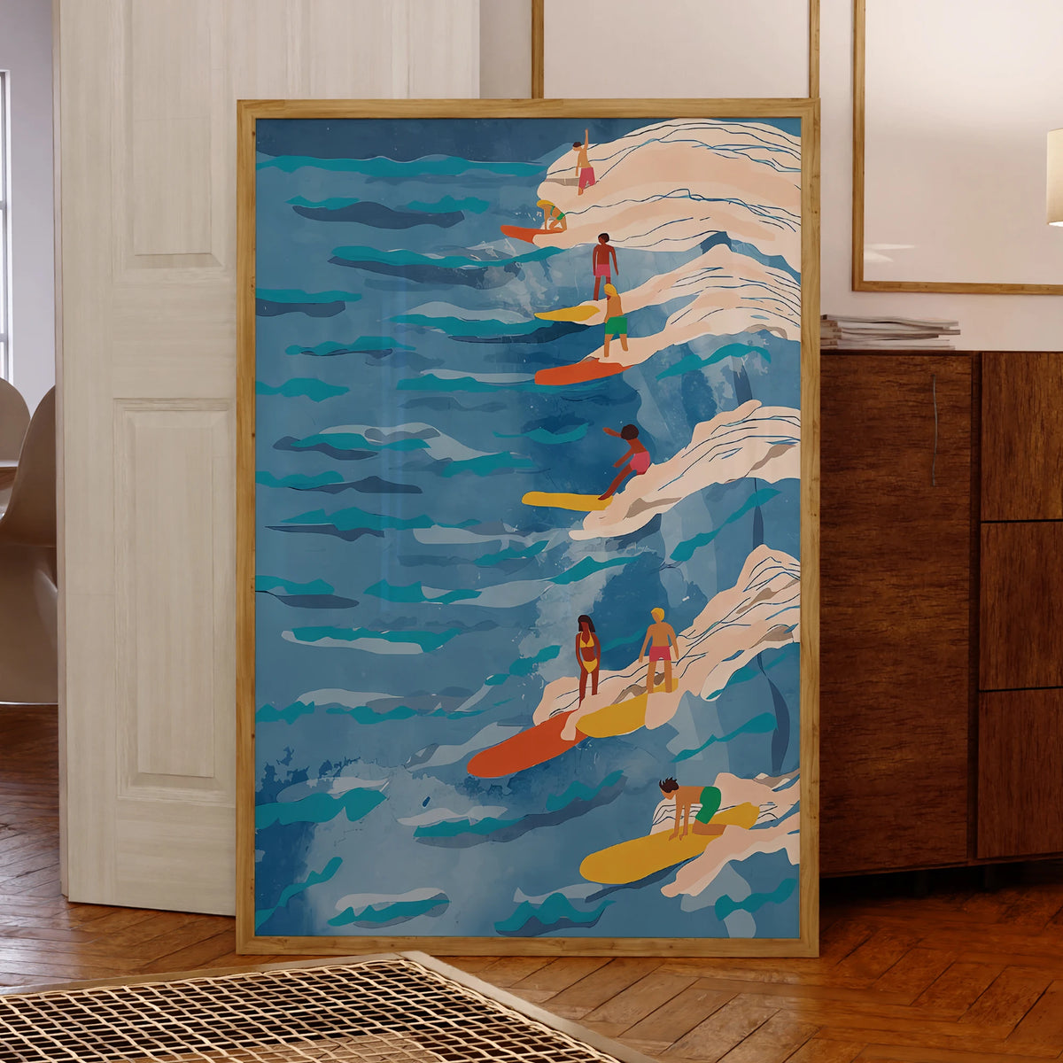affiche moderne surf vagues bleues colorées chambre salon décoration mur illustration print:frame métal