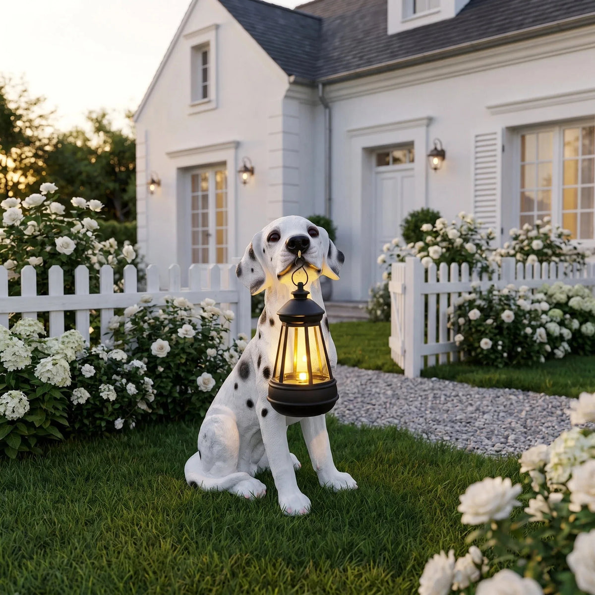 statue dalmatien lanterne solaire extérieure décoration jardin imperméable résine taches noires blanc marron métallique