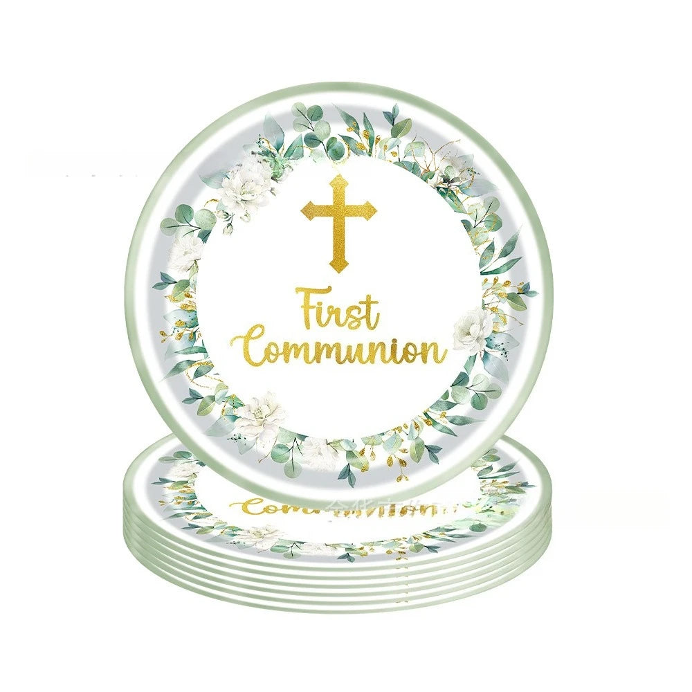 assiettes jetables thème eucharistique croix dorée fleurs mariage baptême anniversaire fêtes enfants