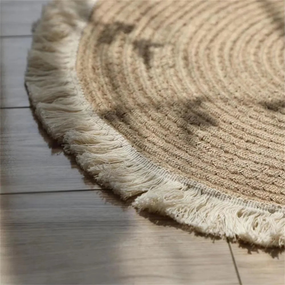tapis boho tissé concentrique franges blanches fleur artificielle beige clair rustique durable lavable 40