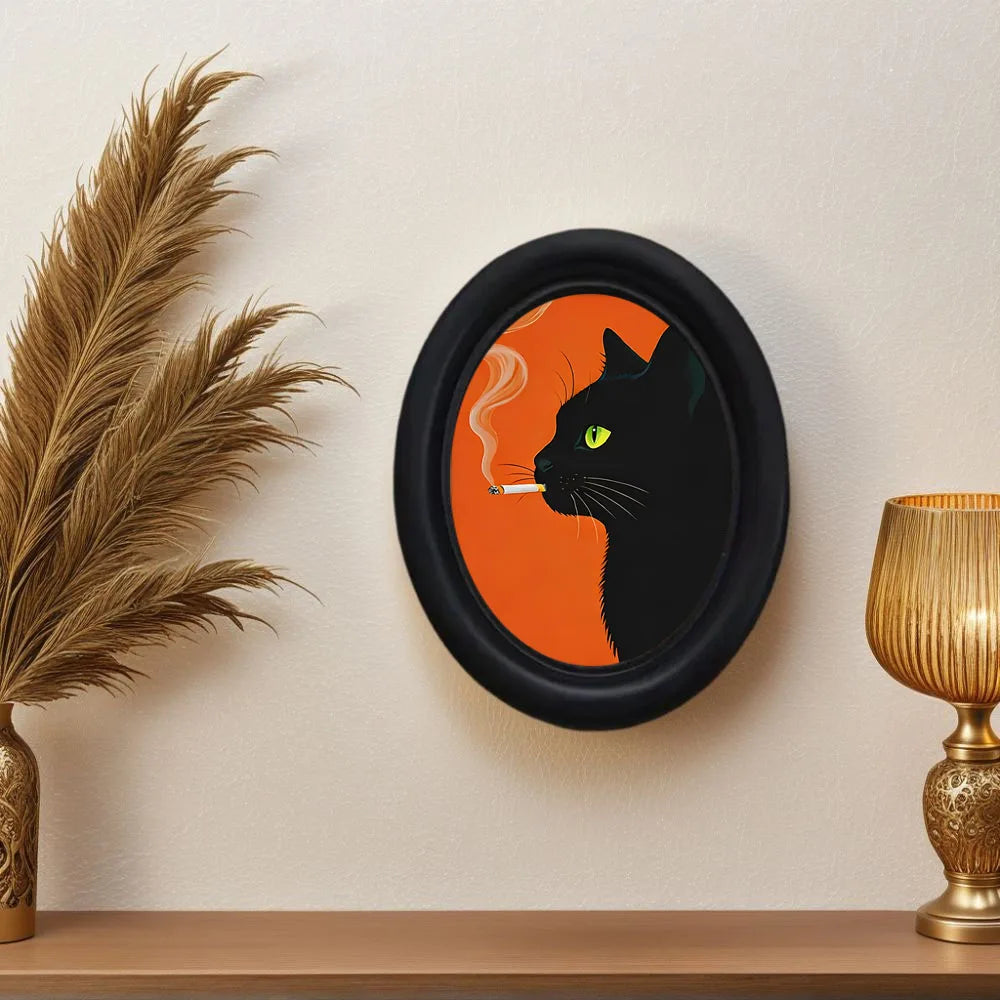 cadre mural contemporain chat noir yeux verts cigarette fumante bois noir orange decoration intérieure