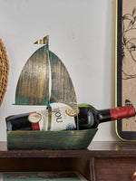 présentoir bouteille vin bateau voile vert or aspect vieilli décoratif nautique rustique bijou