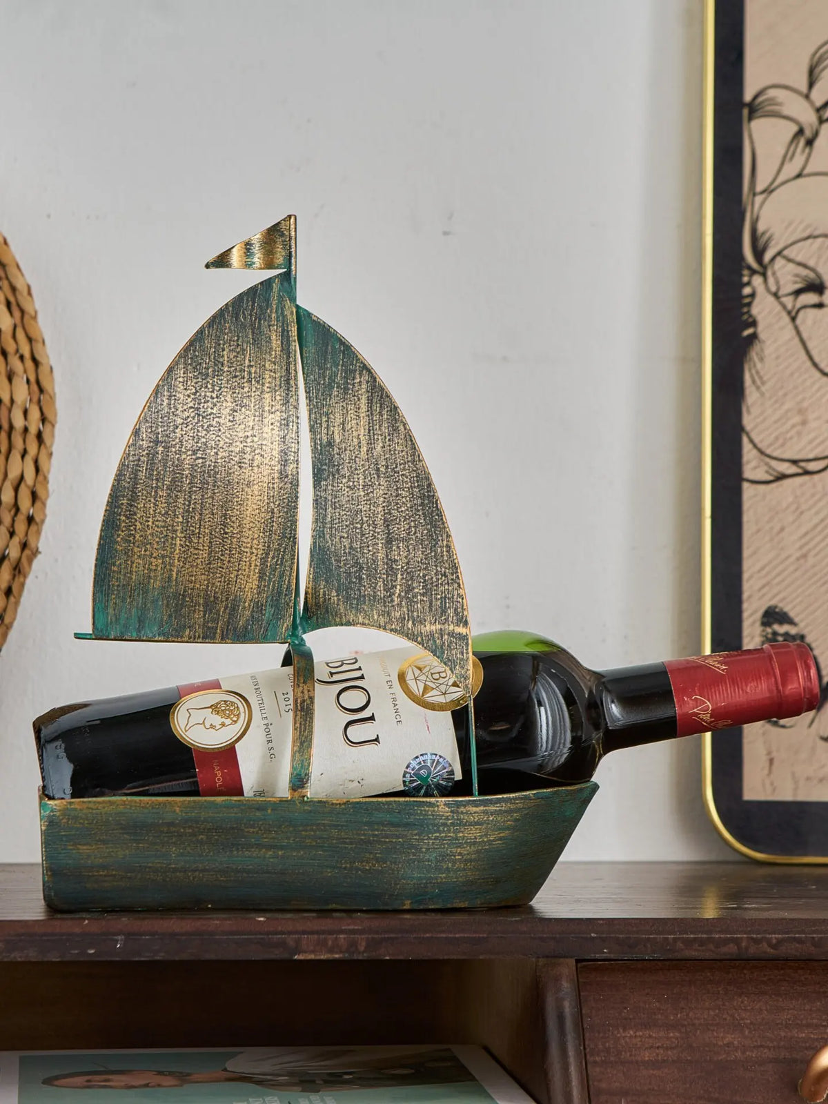 présentoir bouteille vin bateau voile vert or aspect vieilli décoratif nautique rustique bijou