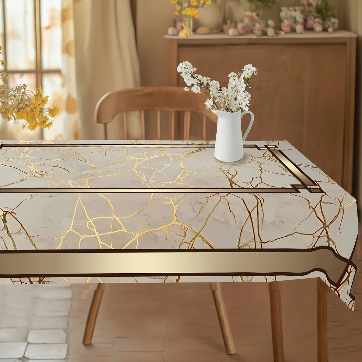 nappe table marbrée blanc doré marron moderne élégante cuisine salon restaurant polyester résistante decoration