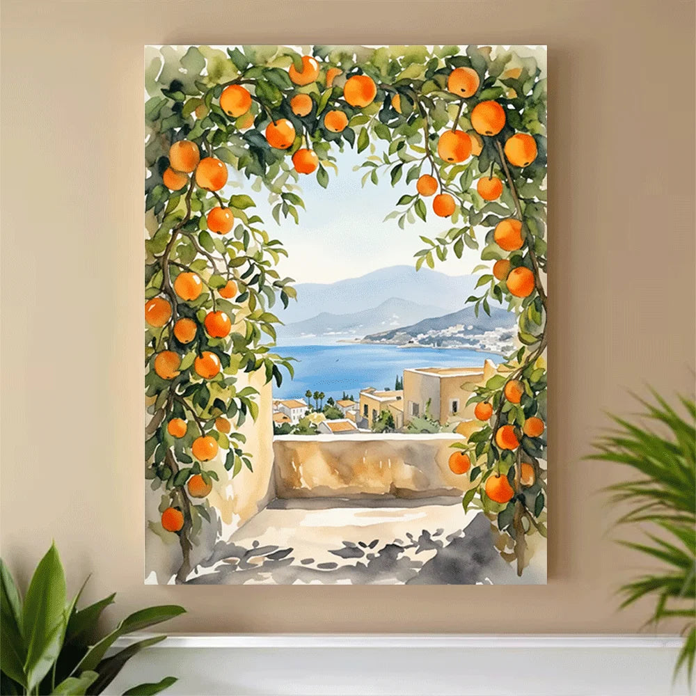impression toile paysage méditerranéen arche feuilles oranges vue mer aquarelle sans cadre