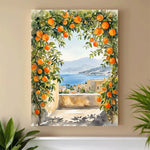 impression toile paysage méditerranéen arche feuilles oranges vue mer aquarelle sans cadre