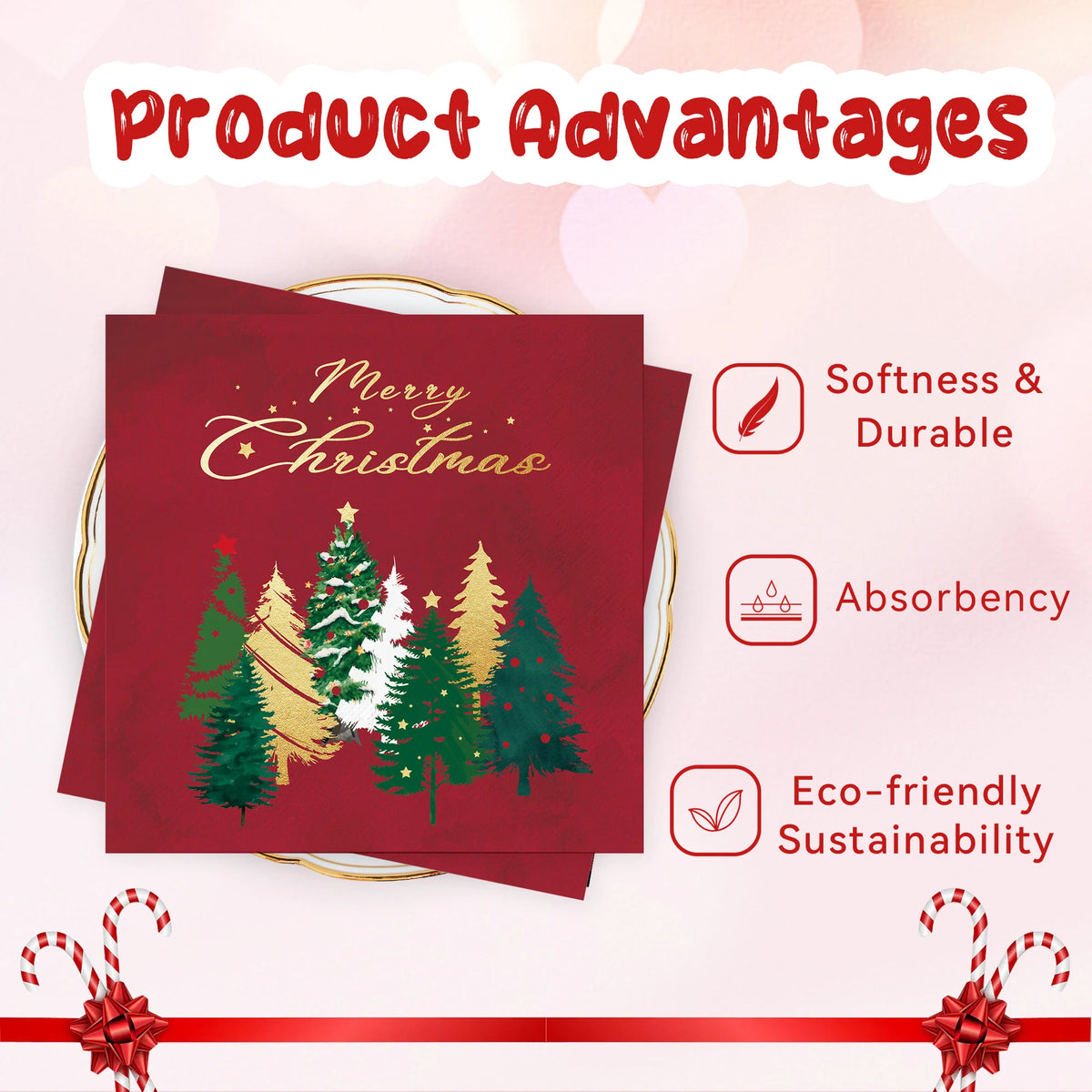 serviettes table noël rouge vert doré motif sapins merry christmas festives jetables pack 20pcs